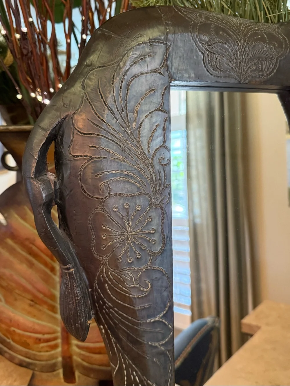 Vintage Large Hand-Carved Wood Elephant Wall Mirror - Made in India